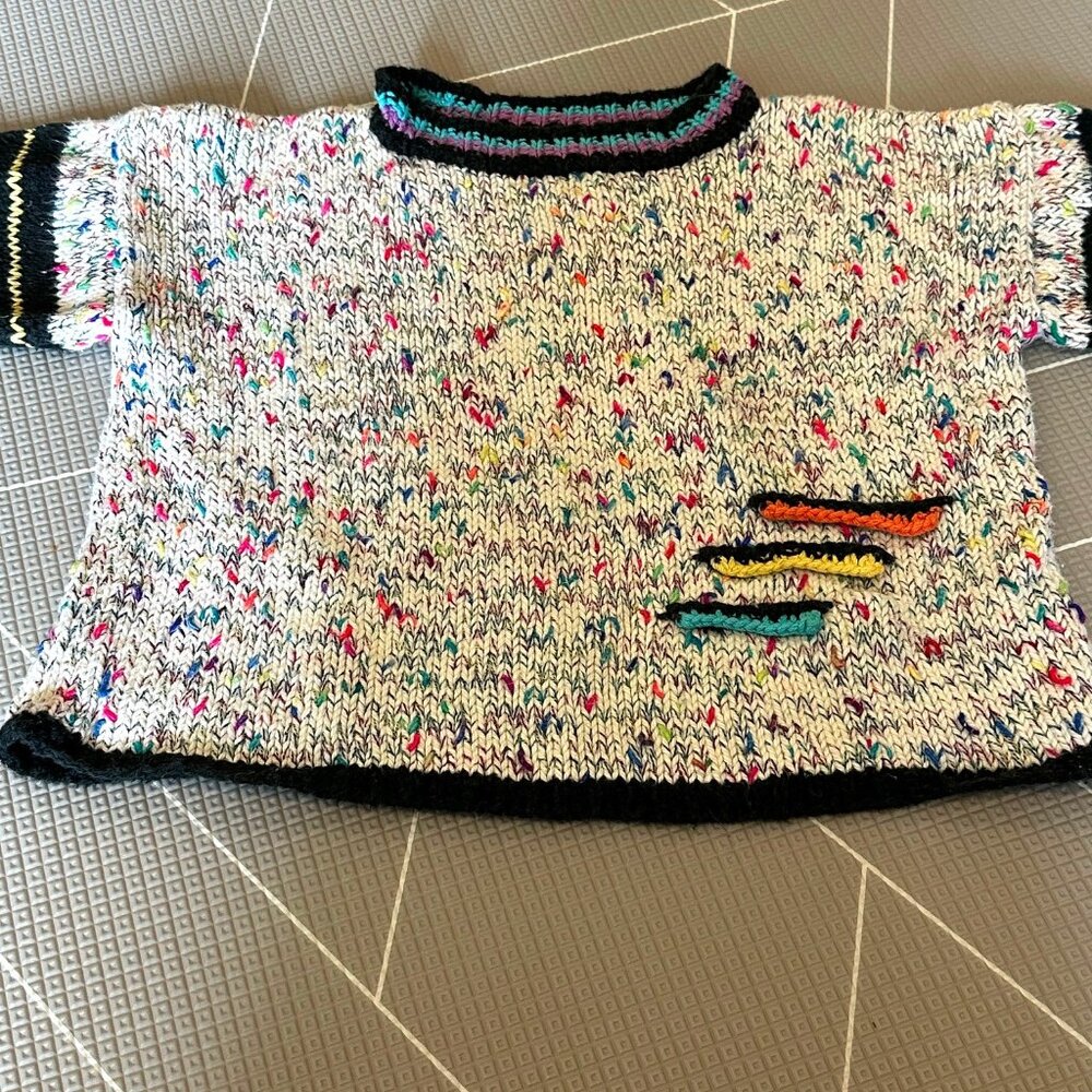 Handknit Toddler Sweater with Rainbow Colored Yarn and Multicolor Stripes, Sz 5T